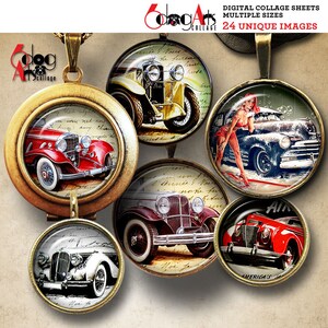 Old Car Digital Collage Sheets Printable Downloads for Pendants Cabochons Scrapbooking Crafts 20mm, 18mm, 16mm, 14mm, 12mm Circles JC-103