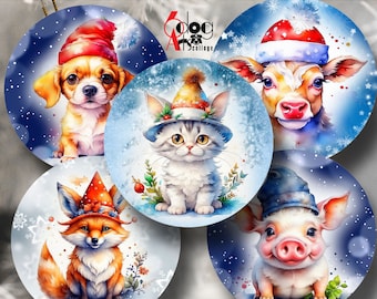 Christmas Santa Animals 4" Circles Digital Collage Sheets Printable Download for Coasters, Paperweights, Magnets, Scrapbooking JC-432