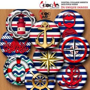 May include: Set of 10 nautical themed digital collage sheets with red, white, and blue stripes. Images include an anchor, a lighthouse, a compass, a life preserver, a ship's wheel, and a nautical star.
