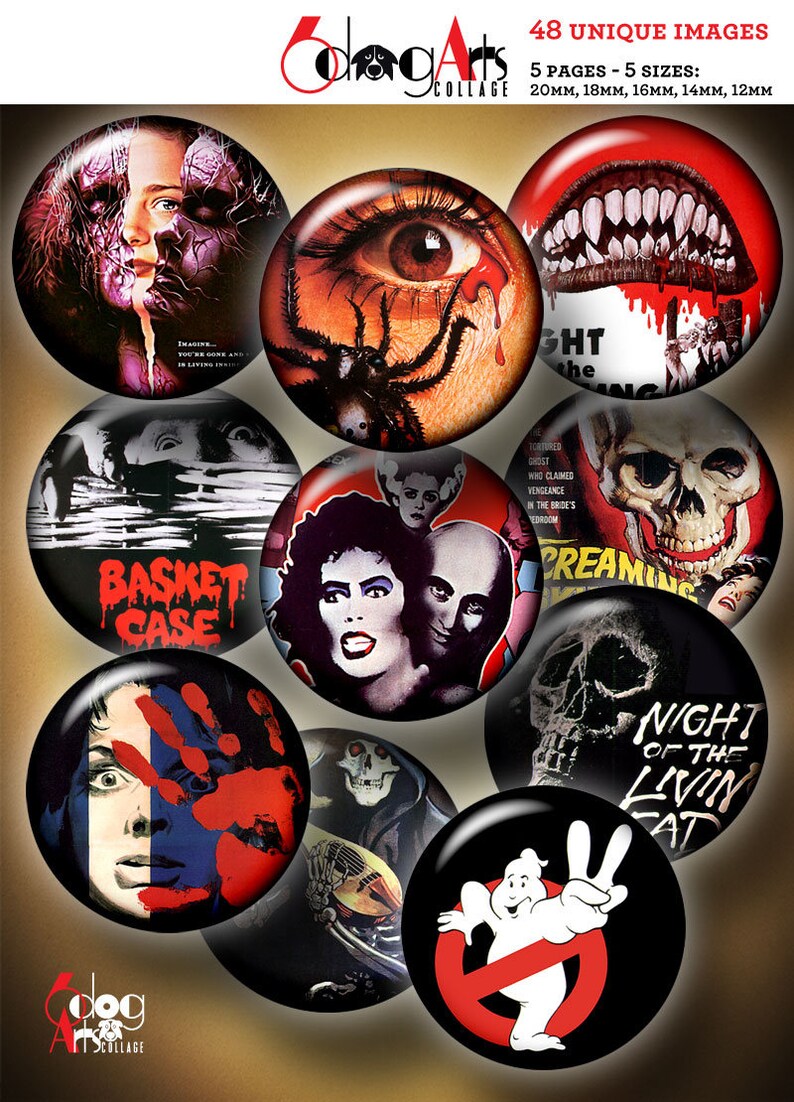 May include: A collage of 48 unique horror-themed images, each displayed on a glossy, circular button. The buttons feature various movie posters and iconic imagery, including a skull, a spider, and the Ghostbusters logo. Text on the buttons includes movie titles and phrases.