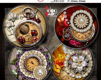 Digitale Collage-Vorlagen mit Schmucksteinen zum Ausdrucken und Herunterladen – Anhänger, Glascabochons, Scrapbooking-Bastelarbeiten, 30 mm, 25 mm Kreise, 1,5", 1,25", 1", JC-287C
