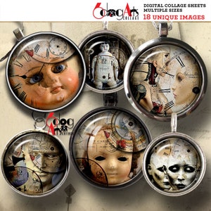 Steampunk Doll Digital Collage Sheets Printable Downloads for Bottle Caps Pendants Crafts 1.5&quot;, 1.25&quot;, 30mm, 1&quot;, 25mm Circles JC-270C
