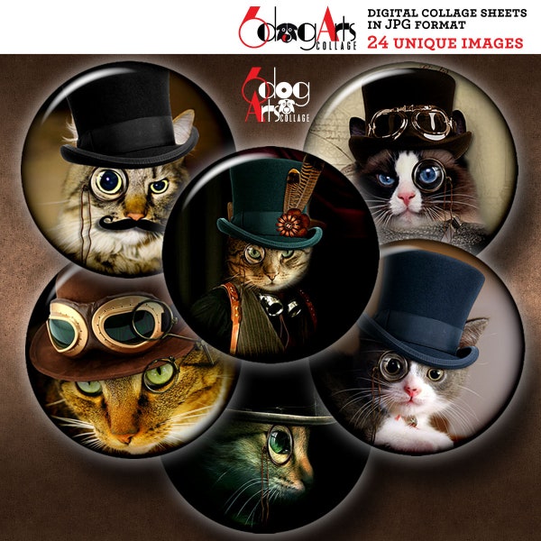 Steampunk Cat Digital Collage Sheets for Pendants Glass Cabochons Scrapbooking Crafts 1.5", 1.25", 30mm, 1", 25mm Circles JC-410C