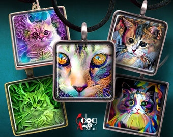 Cat Painting - 1.5", 1", 30mm, 25mm, 15mm Squares - Digital Collage Sheets Printable Download for Pendants Glass Cabochons Crafts JC-002S