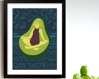 Avocado Goddess, Yoga, Yogini, Lunar, Tides, Surf Art, Bathroom Print, Modern Surf Art,  Meditation, Namaste, Peace