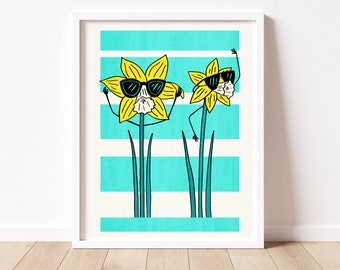 Daffodil Ravers, Funny Art Print, David Shrigley, Bright Wall Art, Floral Drawing, Welsh Flowers, Kitchen Print, Lounge Home Decor