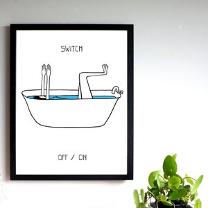 Switch Off On, Bath Print, Bathroom Art, Funny Art Print, David Shrigley Style Poster, Humour, Bright Wall Art,  Bath Yoga, Gift Idea