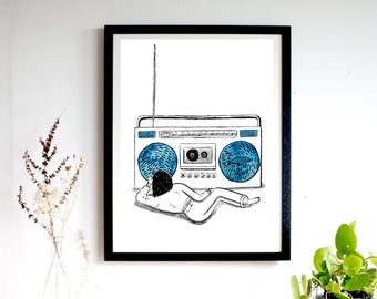 radio, selkie, ocean lover, seal, retro, Wall Decor, Boho Art Print, vintage radio, Music Lover, Tides, Surf Art, Ballawaves