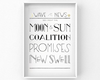 Wave News, Surf Wall Art Print, Lunar, Typography Poster, Bathroom Wall Art, Art Deco, Surfer Gift, Positive News, Moon Print, Home Decor