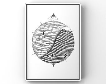 Tide nor Time, Surf, Bright Wall Art, Lunar, Bathroom Wall Decor, Tides, Yoga, Ocean, Moon, Sailor, Compass, Sea, Ying Yang, A3, A4