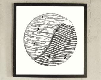 Impression marée ni temps, dessin au crayon, impression de surf, yin yang