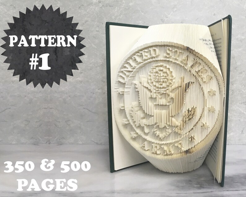 May include: A book folding pattern for the United States Army seal. The pattern is available in 350 and 500 page versions. The seal is a white and black design with a rose and eagle.