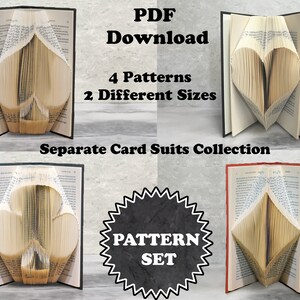 May include: PDF download pattern set for book folding. Four patterns of card suits in two different sizes. The patterns include a heart, spade, diamond, and club. The patterns are shown folded in books with red, black, and white covers.