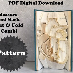 May include: A book with pages cut and folded into a heart shape. The book has a teal cover. Text includes "PDF Digital Download", "Measure and Mark Cut & Fold Combi", and "Pattern".