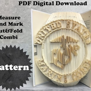 May include: A book with pages cut and folded to create a detailed emblem. The emblem features text and a symbol, likely a military insignia. The image also includes the text "PDF Digital Download", "Measure and Mark Cut&Fold Combi", and "Pattern".
