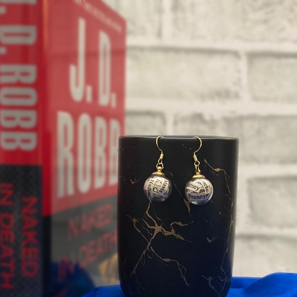 Naked in Death Book Earrings - In Death Globe Earrings in Gold | Bookish & Literary Jewelry | Lieutenant Dallas | Roarke | Feeney | Whitney