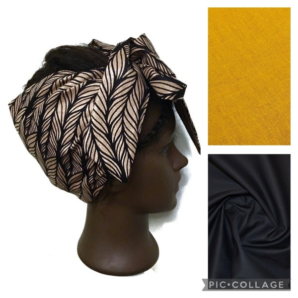 Large bandeau extensible doublé de satin de couleurs unies avec liens. Bandeau Ankara. Bandana Ankara. Serre-tête turban doublé de satin à imprimé africain.