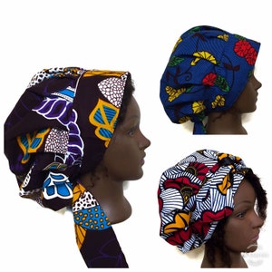 Adjustable satin lined African print bonnet with ties. African print scrub hat, bouffant , turban
