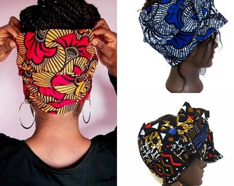 Fascia larga espandibile foderata in raso con lacci. Fascia per capelli di Ankara. Bandana di Ankara. Fascia per turbante foderata in raso con stampa africana. Fasce intrecciate