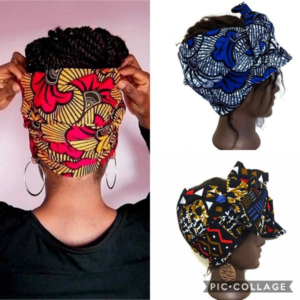 Fascia larga espandibile foderata in raso con lacci. Fascia per capelli di Ankara. Bandana di Ankara. Fascia per turbante foderata in raso con stampa africana. Fasce intrecciate