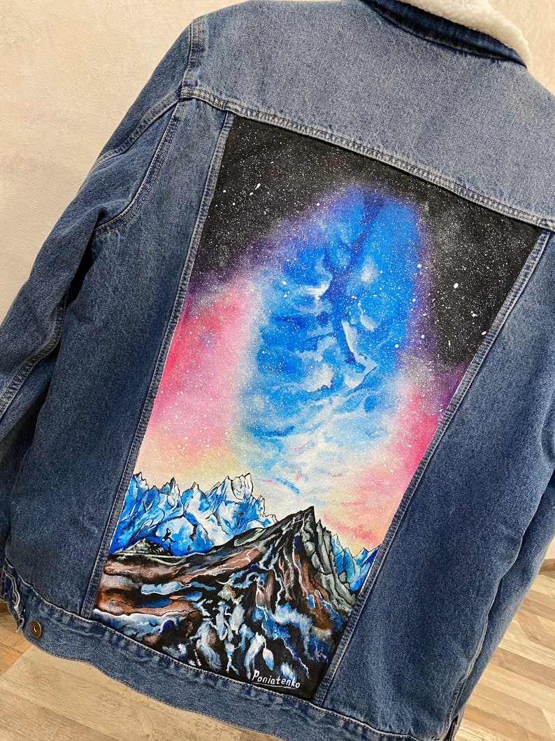 Customized Hand painted jean jacket with Mountains Space art | Etsy