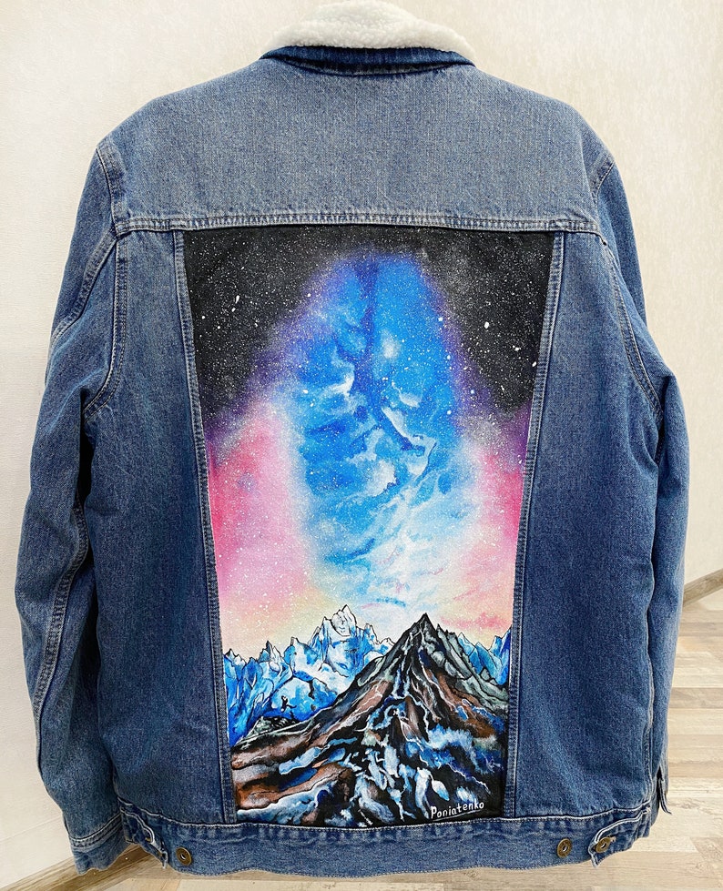 Customized Hand painted jean jacket with Mountains Space art Etsy
