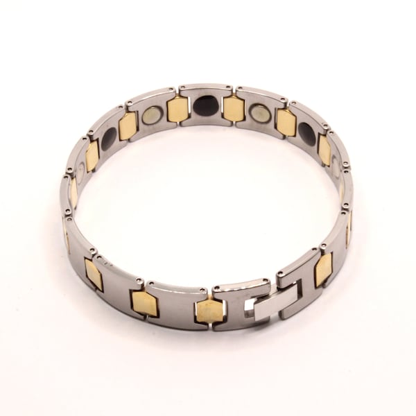 Tungsten Carbide 2-Tone Gunmetal and Yellow Bar Links Magnetic Therapy Bracelet, 1/2 Inch Wide