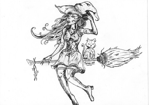 La Sorciere Et Son Balai Dessin Original Illustration Etsy