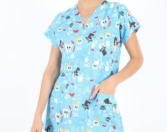 Nurse Doctor Scrubs Top Only,  Women's Medical Happy Tooth Pattern Scrubs Top for Nurses Doctors