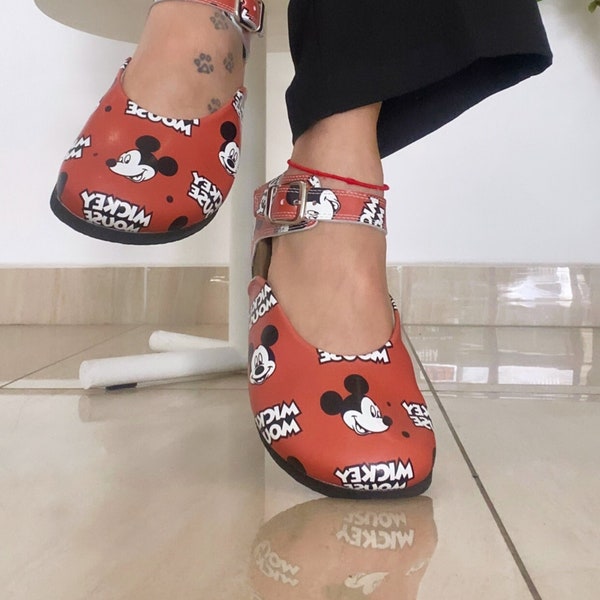 Red Mickey Mouse Patterned Women's Slingback Cork Clogs & Comfy Clogs
