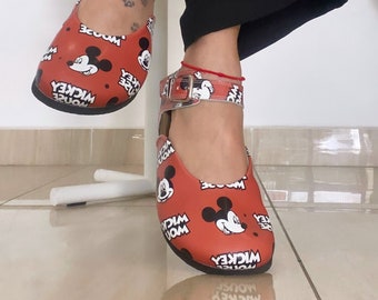 Red Mickey Mouse Patterned Women's Slingback Cork Clogs & Comfy Clogs