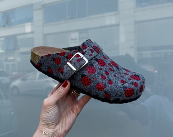 Lady Bug Pattern Handmade Grey Colored Women's ComfyCork  Clogs