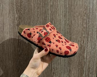 May include: A pair of pink felt clogs with a ladybug print and a buckle closure. The clogs have a cork footbed and a black rubber outsole.