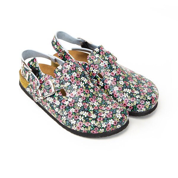 Flower Patterned Woman's Cork Clog with Sling Back