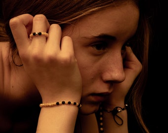 Bee, jewellery set, handmade jewelry, handcrafted fashion, modern style, for girl, teenager bracelet, beads necklace, elastic ring, unique