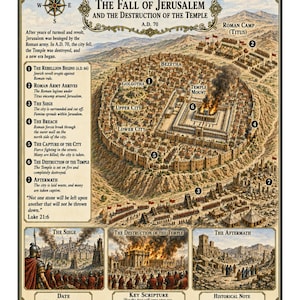 May include: A historical educational poster titled The Fall of Jerusalem and the Destruction of the Temple A.D. 70. It features a central aerial illustration of the besieged city, numbered key points, and three smaller scenes depicting the siege.