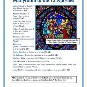 Printable Bible Study Chart, Illustrated Diagram, “Martyrdom of the 12 Apostles” / Digital Download