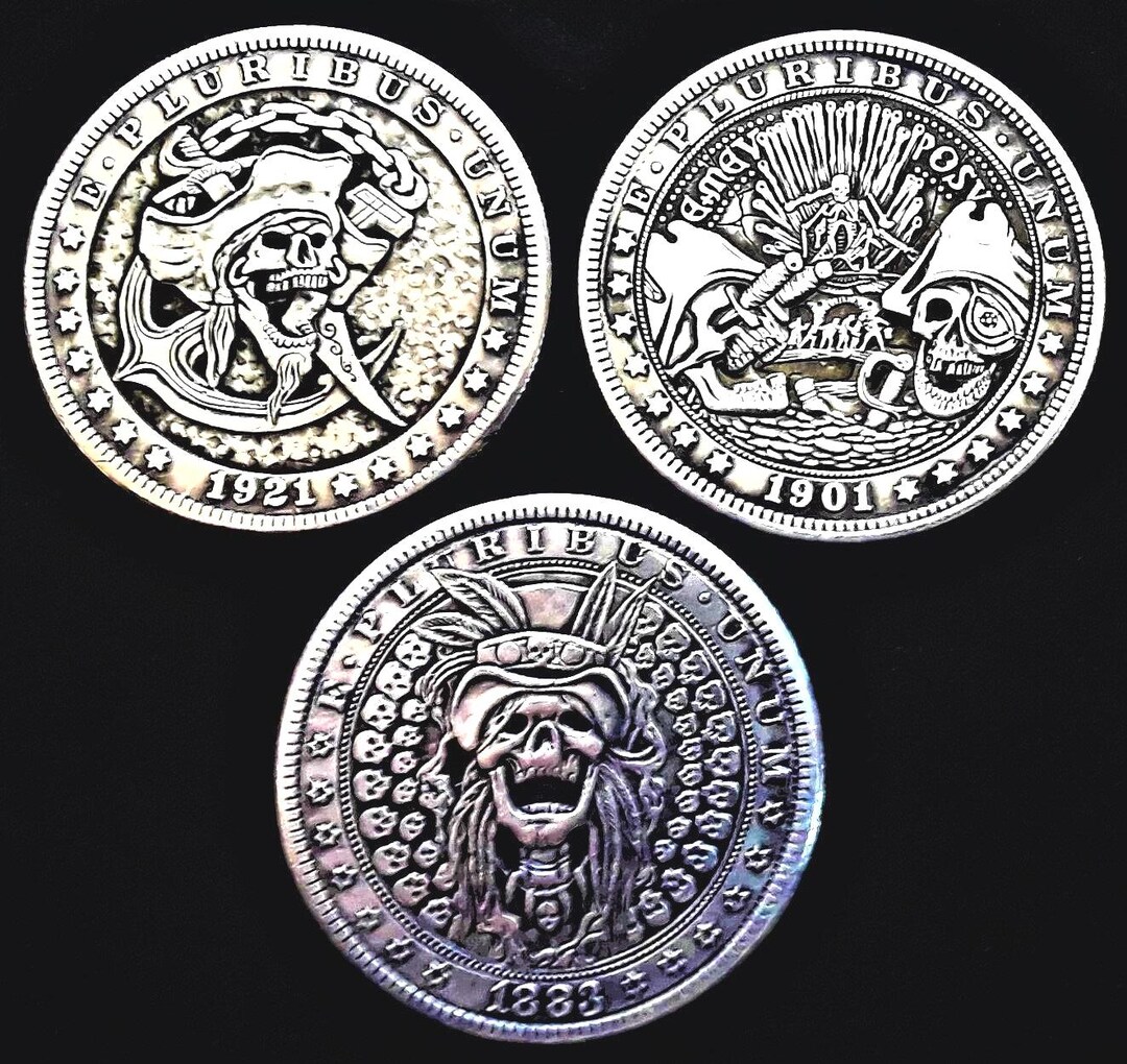 Hobo Dollar Trio — Undead Skull Folk Art Coins | Engraved Coin Set - Etsy