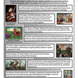 May include: A detailed infographic titled "Symbolism in Revelation" with text and illustrations. It explores biblical symbolism, including the Lamb, Dragon, and Four Horsemen, with references to artists and scripture.