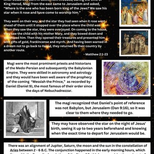 Puede incluir: Una ilustración de la Estrella de Belén, un evento celestial que guió a los Magos hasta el lugar de nacimiento de Jesús. La imagen incluye texto que explica el evento astronómico y su significado en la tradición cristiana.