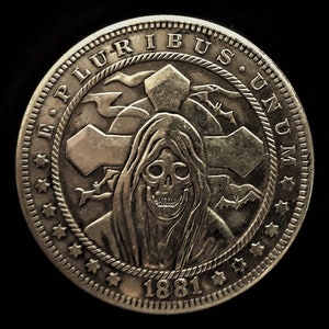 HOBO Dollar/  Fantasy Art/ Collectable Hobo Coin/Challenge Coin * Hooded Skeleton with Coptic Cross