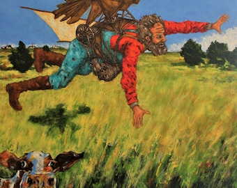 Pintura al óleo original / Hombre volador caprichoso / Paisaje surrealista folclórico / Firmada y enmarcada
