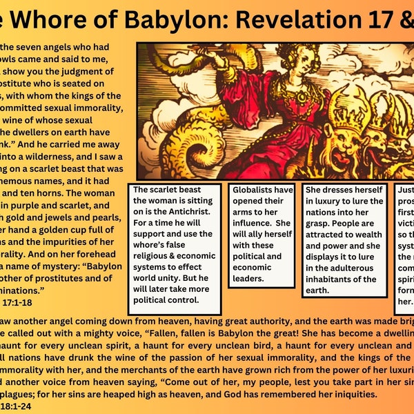 Printable Bible Study Chart, Illustrated Diagram/ “The Whore of Babylon: Revelation 17 & 18” / Digital Download