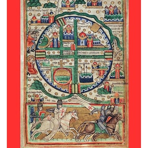 Könnte beinhalten: Eine farbenfrohe mittelalterliche Manuskriptseite mit einer kreisförmigen Karte in der Mitte, umgeben von Illustrationen von Gebäuden und Figuren. Die Karte ist in Abschnitte mit Text unterteilt. Der untere Teil zeigt eine Kampfszene mit Rittern zu Pferd.