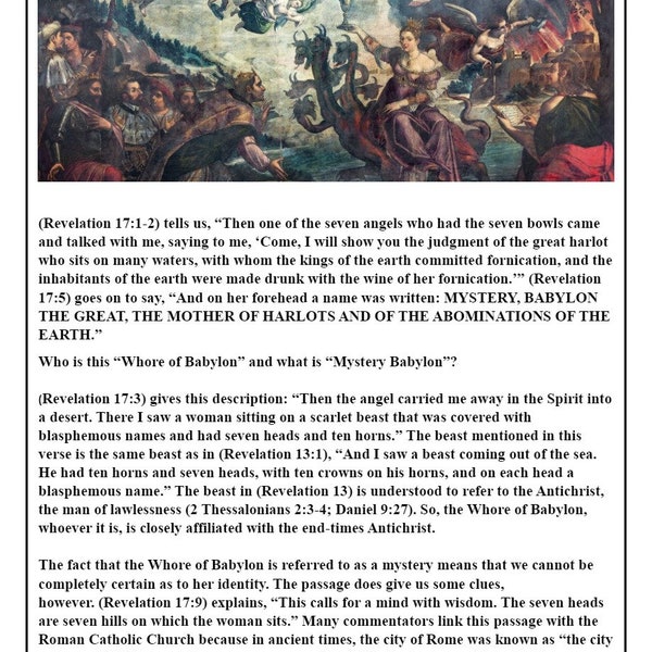 Printable Bible Study Aid with Illustration - Book of Revelation 17: Mystery Babylon / The Whore of Babylon / Digital Download