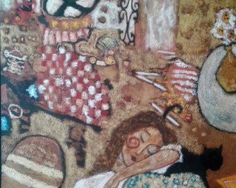 May include: A painting of a woman sleeping with a black cat on a bed with a checkered blanket. The painting is done in a whimsical style with a lot of detail.
