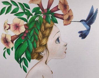 Zeichnung Aquarellmalerei Mädchenzimmer Kolibri Dekoration