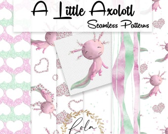 Watercolor Axolotl Seamless Pattern | Pink Mud Puppy Graphic | Hand Painted | Pink Mint Digital Paper | Watercolor Animal Fabric | PNG Image