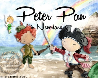 Peter Pan Clipart Tinkerbell Clipart Neverland Clipart Lost Boys Pirate Clipart Hand Painted Watercolor Personal & Commercial Use PNG Images