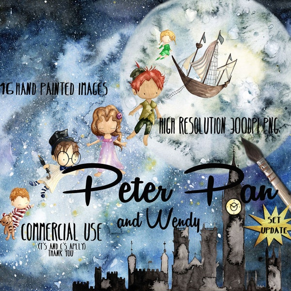 Peter Pan Clipart Fairy Tale Clip Art Tinkerbell Clip Art Neverland Clipart Night Sky Party Hand Painted Watercolor Clipart Commercial PNG